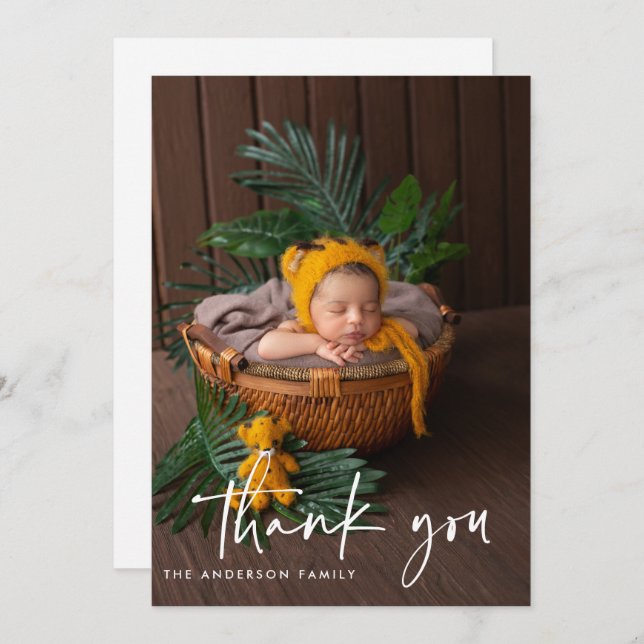 Modern Handwritten Script Photo Baby Thank You Announcement (Front/Back)