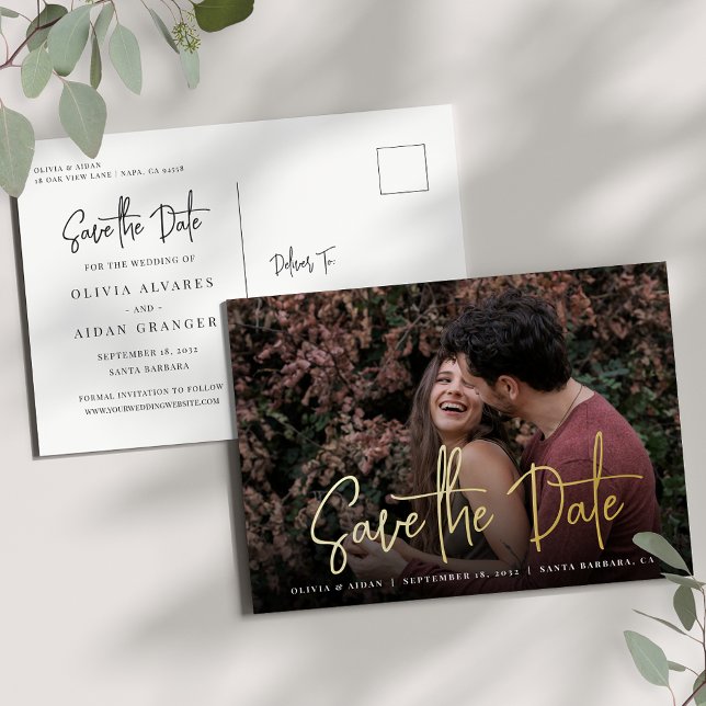 Modern Handwritten Script Photo Save the Date Foil Foil Invitation Postcard (Creator Uploaded)