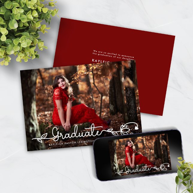 Modern Handwritten Script Red Photo Graduation Announcement (Modern Handwritten Script Red Photo Graduation Announcement with Instant Download)