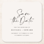Modern handwritten typography wedding announcement square paper coaster<br><div class="desc">Modern classy typography bold wedding save the date card. With modern,  elegant typography and striped backer design. Colours can be customised.</div>