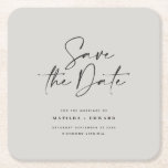 Modern handwritten typography wedding announcement square paper coaster<br><div class="desc">Modern classy typography bold wedding save the date card. With modern,  elegant typography and striped backer design. Colours can be customised.</div>