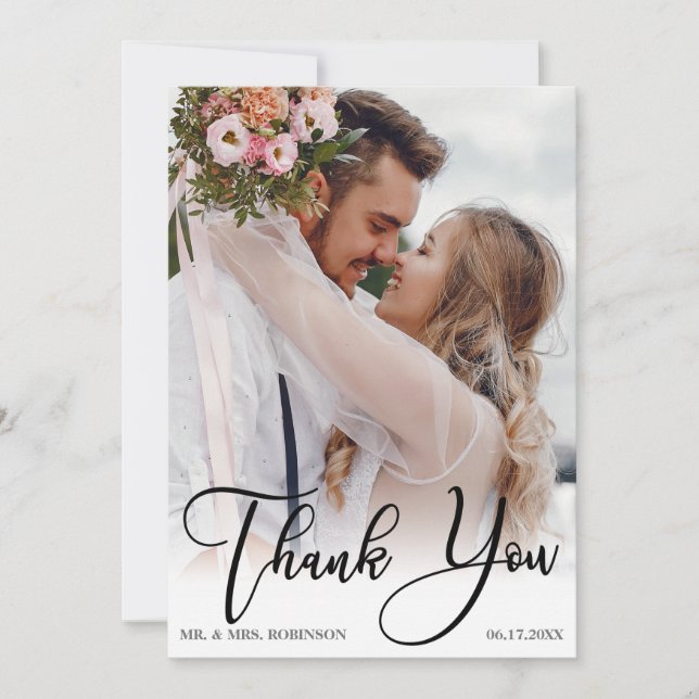 Modern Handwritten Wedding 2 Photo Thank You Card (Front)