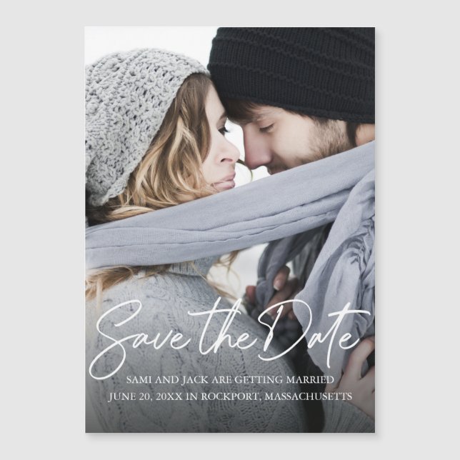 Modern Handwritten White Calligraphy Photo Save Th Magnetic Invitation (Front)