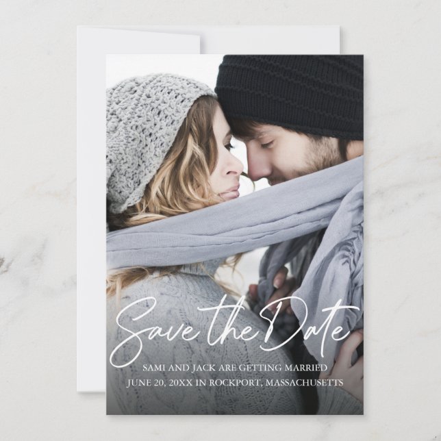 Modern Handwritten White Calligraphy Photo Save The Date (Front)