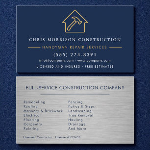 Modern Handyman Construction Metal Navy Blue Gold  Business Card