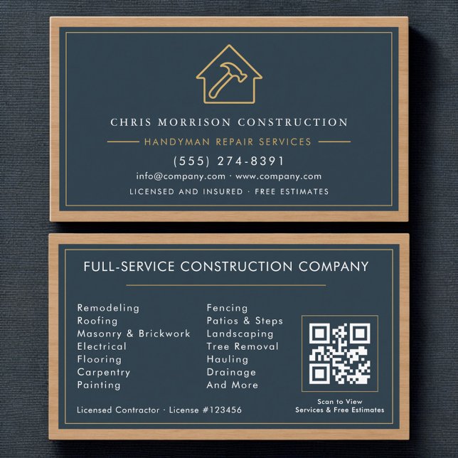 Modern Handyman QR Code Wood Construction  Business Card (Creator Uploaded)