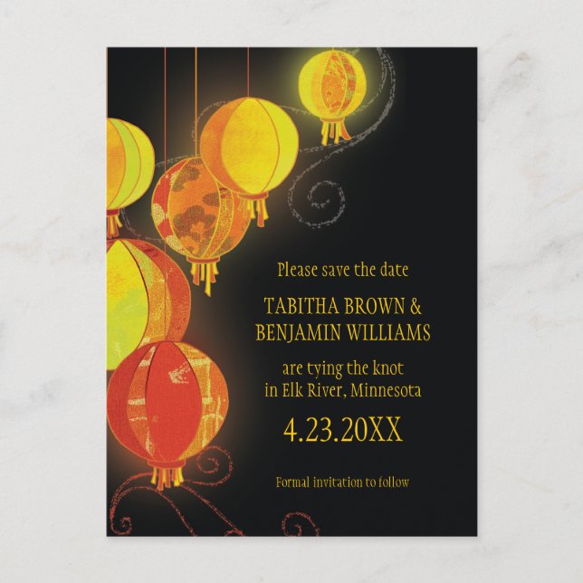 Modern Hanging Lanterns Wedding Save the Date Announcement Postcard (Front)