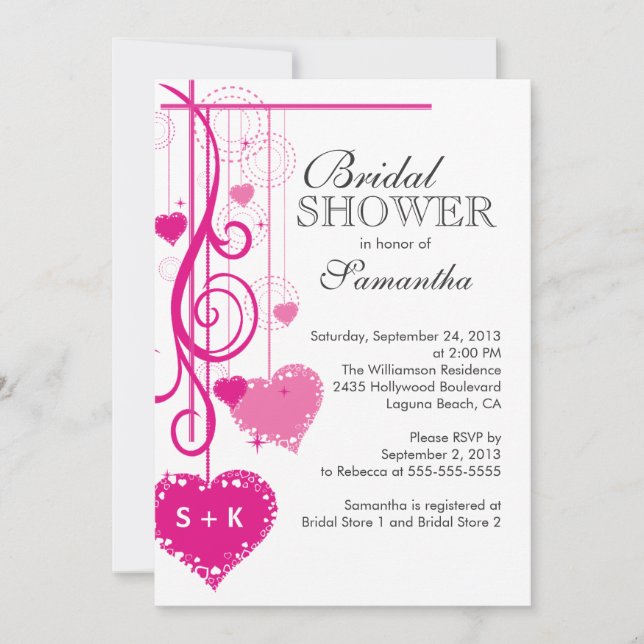 Modern Hanging Pink Hearts Bridal Shower Invitation (Front)