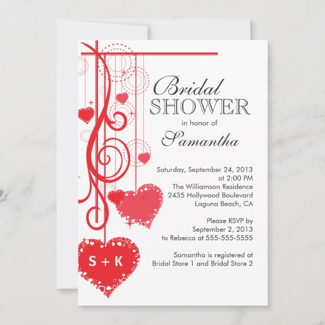 Modern Hanging Red Hearts Bridal Shower Invitation (Front)