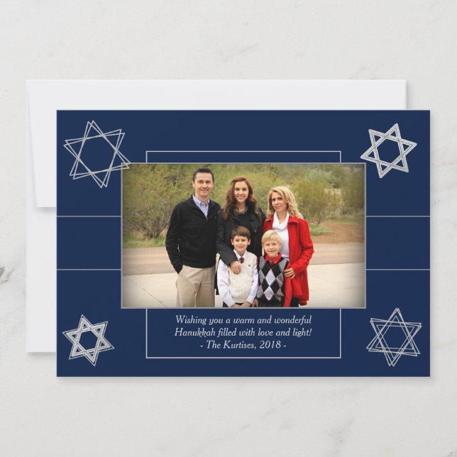 Modern Hanukkah Blue Silver Star of David Photo Holiday Card (Front)