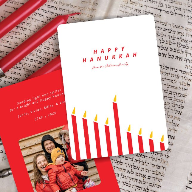 Modern Hanukkah Candle Red & White Photo  Holiday Card (Creator Uploaded)