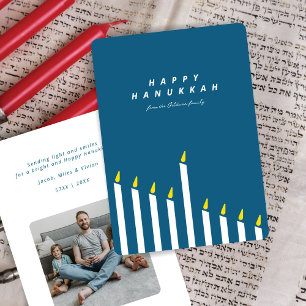 Modern Hanukkah Candle Teal & White Photo  Holiday Card