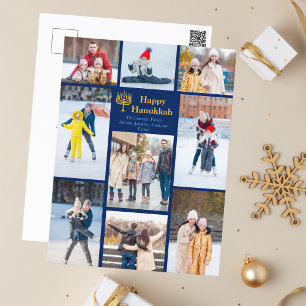 Modern Hanukkah Family Photo Collage Blue Gold Holiday Postcard