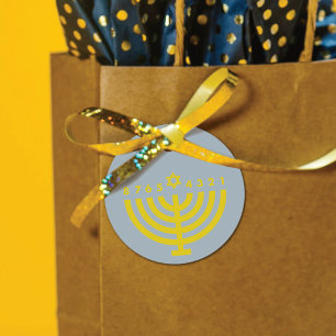 Modern Hanukkah Menorah Grey & Gold Favour Tag