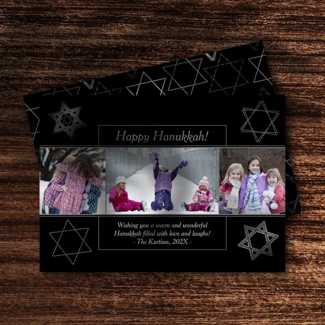 Modern Hanukkah Monochrome Star of David 3 Photo Holiday Card (Creator Uploaded)