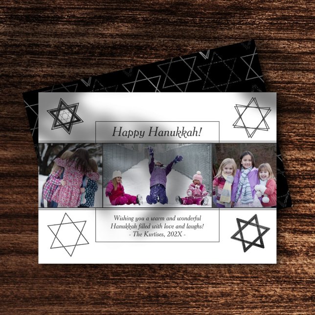 Modern Hanukkah Monochrome Star of David 3 Photo Holiday Card (Creator Uploaded)