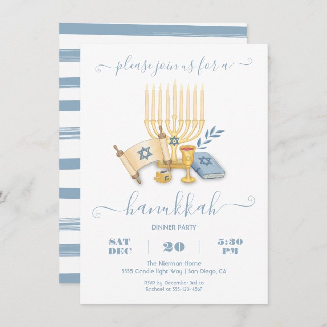 Modern Hanukkah Party watercolor Invitation (Front/Back)