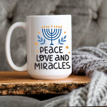 Modern Hanukkah Peace, Love & Miracles  Large Coffee Mug<br><div class="desc">Modern yet simple design with this colourful large Hanukkah Coffee Mug featuring double-sided printing "Peace Love and Miracles" It showcases a simple menorah design in blue and yellow with fun typography. This mug is designed to hold 15 oz. but is also available in an 11 oz. size. Both microwave and...</div>