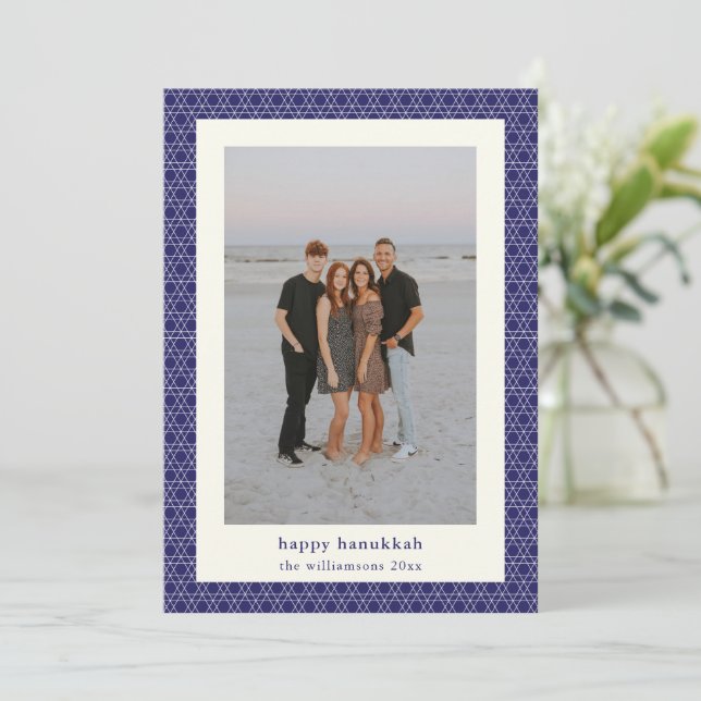 Modern Hanukkah Star Line Elegant Blue Photo  Holiday Card (Standing Front)