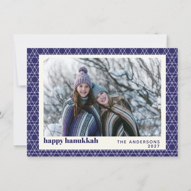 Modern Hanukkah Star Line Pattern Blue Photo Card (Front)