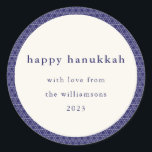 Modern Hanukkah Star Lines Elegant Blue Custom Classic Round Sticker<br><div class="desc">Send your Hanukkah wishes in style with this elegant sticker featuring a modern Jewish star line pattern in vibrant blue and white. Personalised with your photo, greeting, and name, it’s the perfect festive touch for gifts, envelopes, or party favours to share the joy of the season with friends and family....</div>