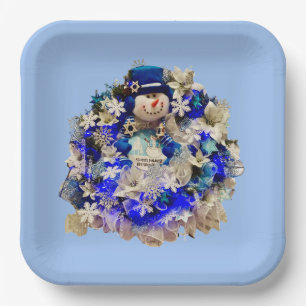 Modern Hanukkah Star of David Snowman Wreath Paper Plate