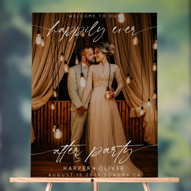 Modern Happily Ever After Party Photo Wedding Acrylic Sign (Neutral)