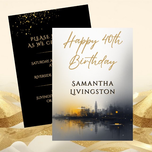Modern Happy 40th Birthday Party Black and Gold Invitation (Modern Happy 40th Birthday Party Black and Gold Invitation)