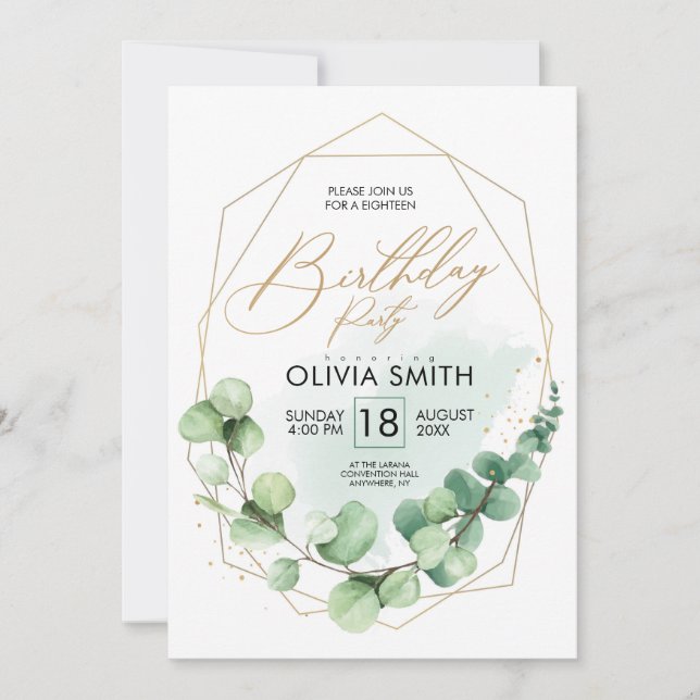 Modern Happy Birthday Party Eucalyptus Greenery Invitation (Front)