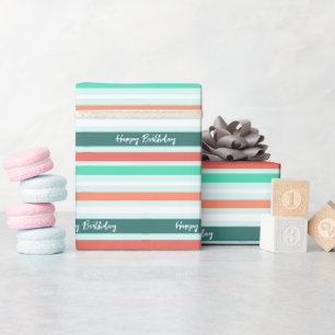Modern Happy Birthday Peach Aqua Stripe Patterned Wrapping Paper