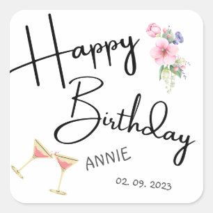 Modern happy birthday personalised square sticker