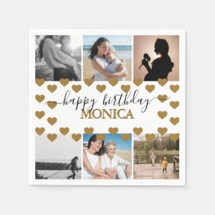 Modern Happy Birthday Photo Collage Name Script Napkin