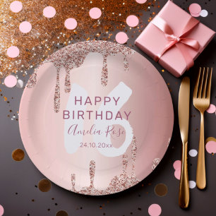 Modern Happy Birthday Rose Gold Glitter  Paper Plate