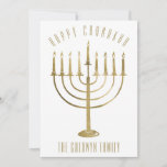 Modern Happy Chanukah Menorah Holiday Photo Card<br><div class="desc">Share your holiday wishes this Chanukah season with a unique personalised photo flat card. This festive design features a gold menorah on the front of the card. Above reads "Happy Chanukah" and a family name below which may be personalised. The back of the card features a family photo for you...</div>