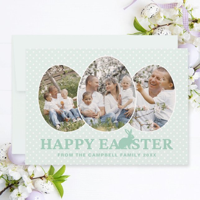 Modern Happy Easter Bunny Pastel Mint Photo Eggs Holiday Card (Easter family photo collage card with 3 egg-shaped photo frames, pastel mint text and bunny.)