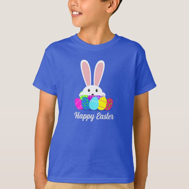 Modern Happy Easter Bunny Rabbit Eggs T-Shirt (Front)
