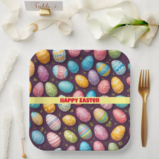 Modern Happy Easter Eggs Collection Paper Plate (Wedding)