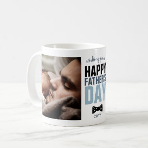 Modern Happy Father's Day Two Photo Blue Bowtie Coffee Mug