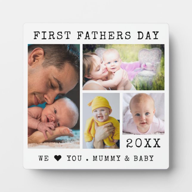 Modern Happy First Father's Day 4 Photo Collage Plaque (Front)