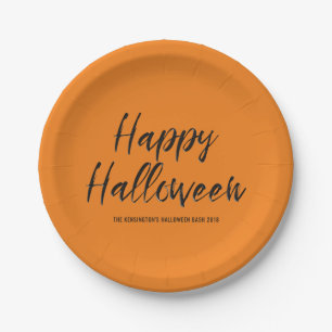 Modern Happy Halloween Embossed Black Glitter Paper Plate