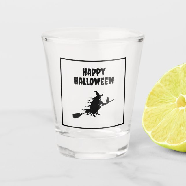Modern Happy Halloween Flying Witch on Broom Cat Shot Glass (Front)