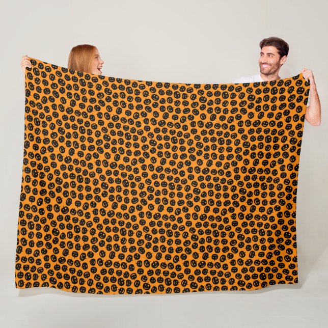 Modern Happy Halloween Orange Pumpkin Fleece Blanket (In Situ)