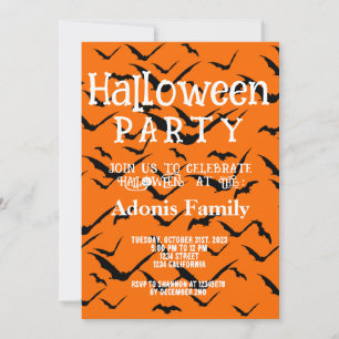 Modern Happy Halloween Party Black Bat Oranges Invitation