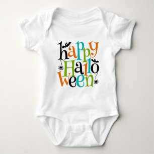 Modern Happy Halloween Typography Bats Spiders Baby Bodysuit