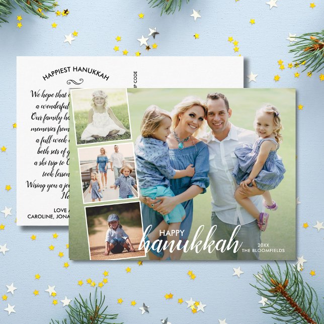 Modern Happy Hanukkah Hand Lettered Photo Collage Postcard (Creator Uploaded)