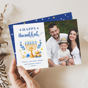 Modern Happy Hanukkah Peace Love and Latkes Photo Holiday Card