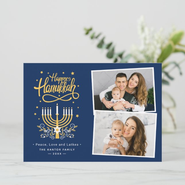 Modern Happy Hanukkah Peace Love Latkes 2 Photo Holiday Card (Standing Front)