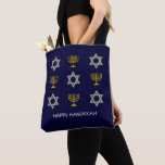 Modern HAPPY HANUKKAH  Tote Bag<br><div class="desc">Modern HAPPY HANUKKAH tote bag with CUSTOMIZABLE text, showing faux gold and silver STAR OF DAVID and MENORAH. Text reads HAPPY HANUKKAH with a placeholder name, and is CUSTOMIZABLE, so you can PERSONALIZE it by adding your name or other text. Ideal for Hanukkah celebrations, and with customisation can be suitable...</div>