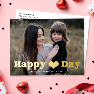 Modern Happy Heart Day Photo Valentine's Day Gold Foil Holiday Postcard