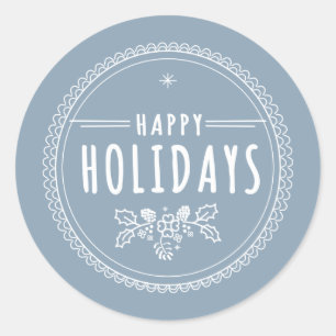 Modern Happy Holiday Round Blue Christmas Sticker